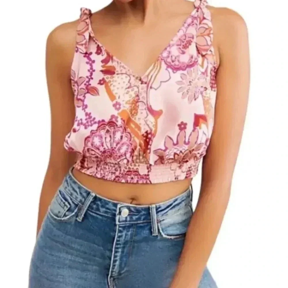 Free People Crop Top Pink Print Tie Strap